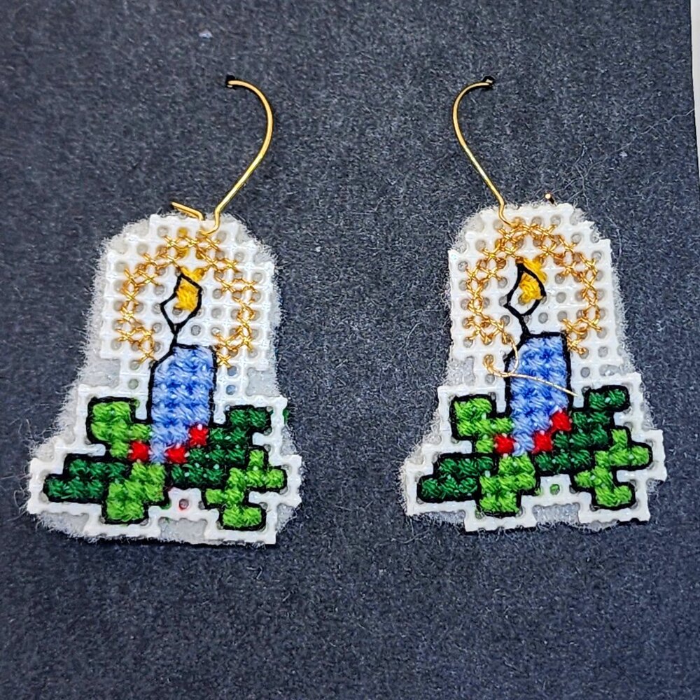 Holiday Christmas Blue Candle Cross Stitch Handmade Dangle Pierced Earrings